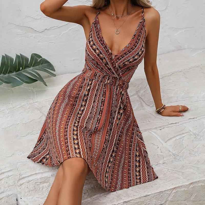 Women's  V Neck Spaghetti Strap Striped Dress