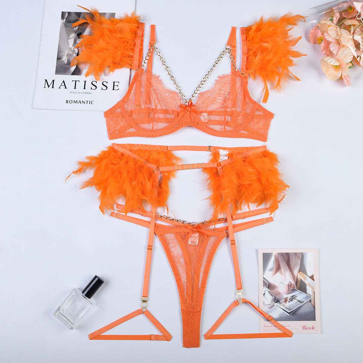 Christma Feather and Chains Lace Sexy Lingerie Set