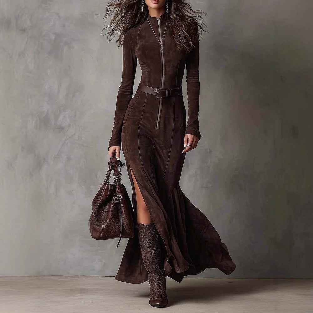 Zipper Split Long-sleeved Dresses Cowboy Retro Women's Clothing