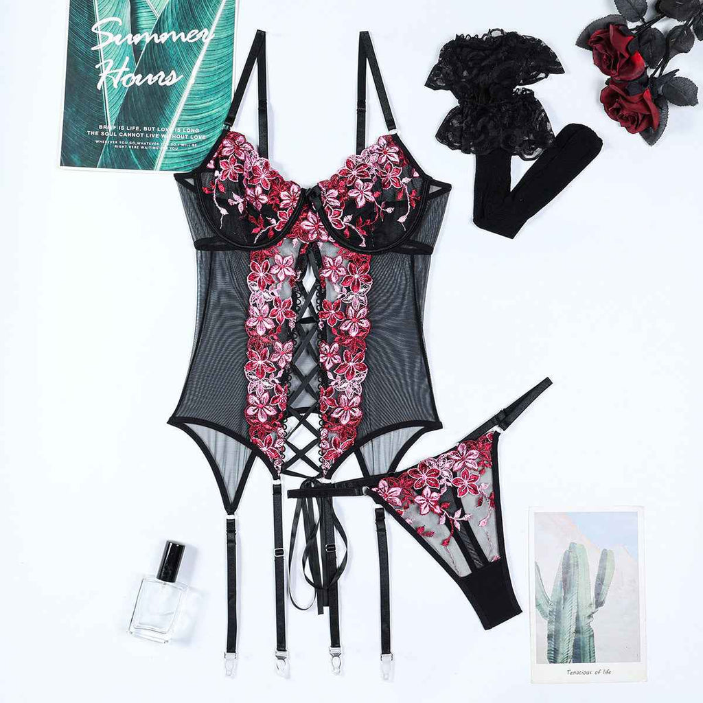 Embroidered Suspenders Lingerie Stockings Three-piece Set