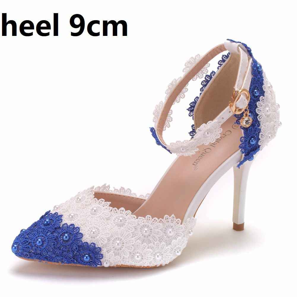 Color Matching Blue And White Lace Flower Stiletto Heels