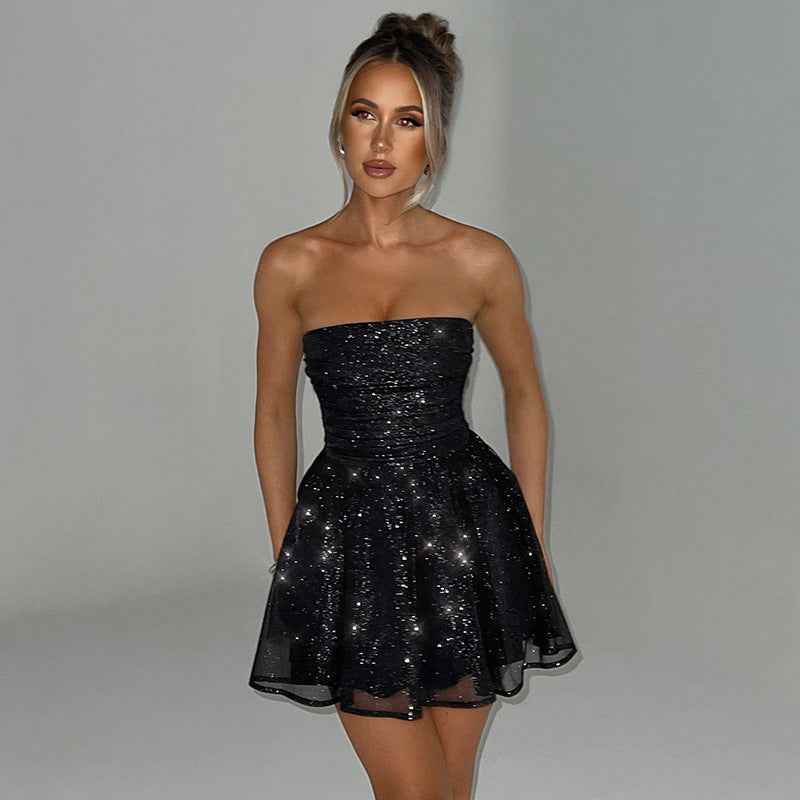 Sleeveless Top Lace Dress With Back Bow-knot Stitching Off-neck Dress