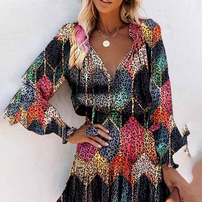 Women's Bohemian Print V-Neck Long Sleeve Dress - Flowy Beach Dress