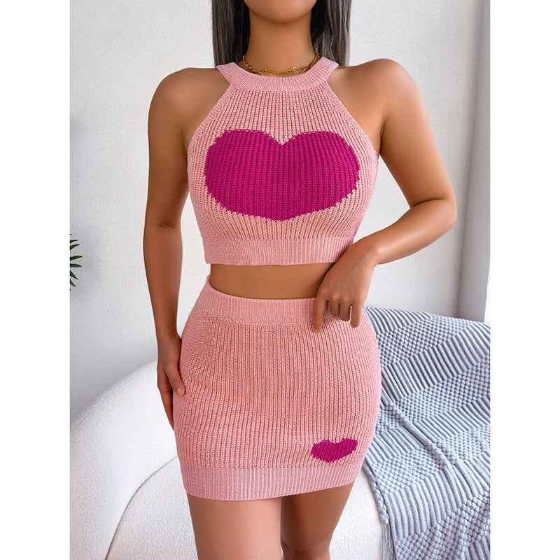 Women's 2 Piece Heart Knit Outfits Backless Halter Crop Tops & Mini Bodycon Skirt