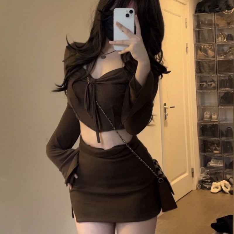 American Hot Girl Hem Irregular Long Sleeve Top And Skirt Set