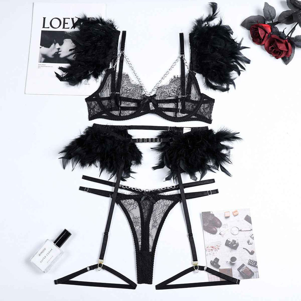 Christma Feather and Chains Lace Sexy Lingerie Set