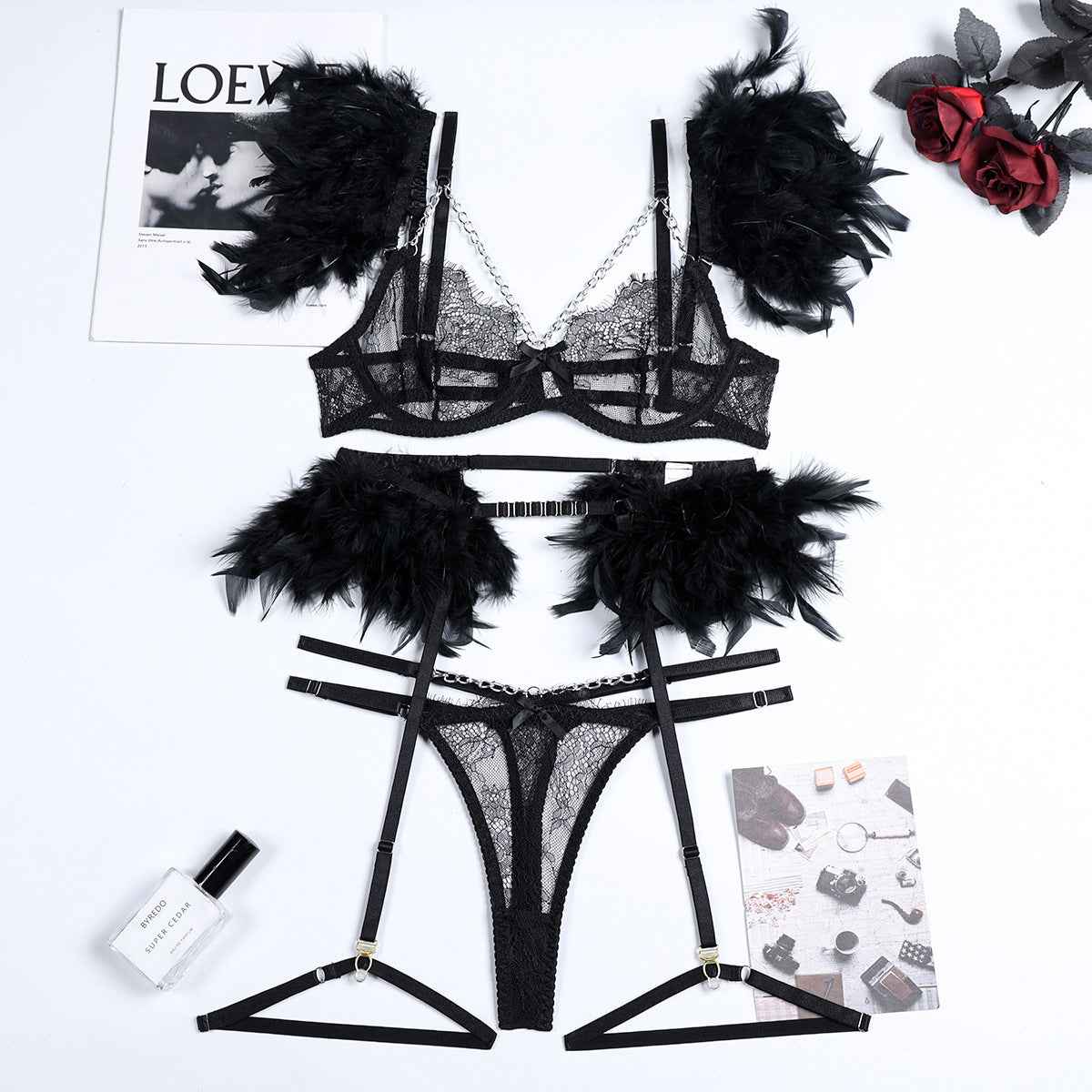 Christma Feather and Chains Lace Sexy Lingerie Set