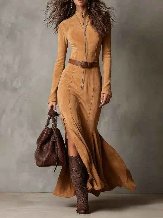 Zipper Split Long-sleeved Dresses Cowboy Retro Women's Clothing