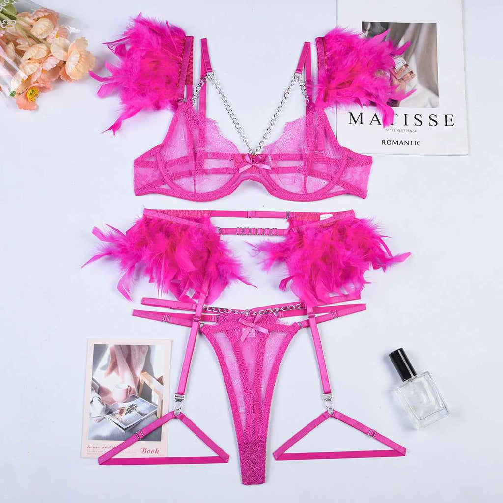 Christma Feather and Chains Lace Sexy Lingerie Set