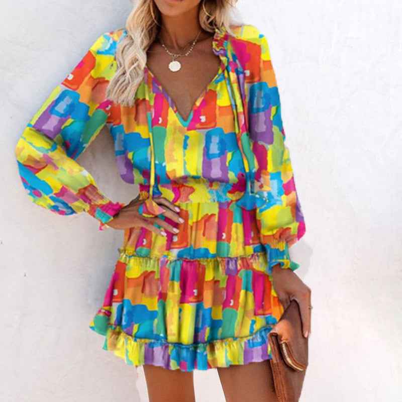 Women's Bohemian Print V-Neck Long Sleeve Dress - Flowy Beach Dress
