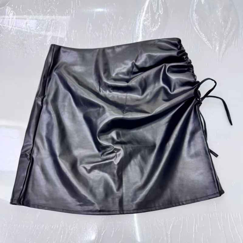 Women's Faux Leather Mini Skirt, Side Slit Ruched Drawstring Bodycon