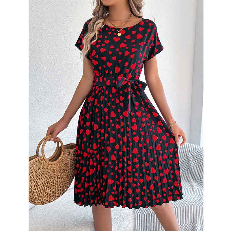 Women's Heart Print Midi Dress - Crew Neck Short Sleeve Belted Pleated Sundress