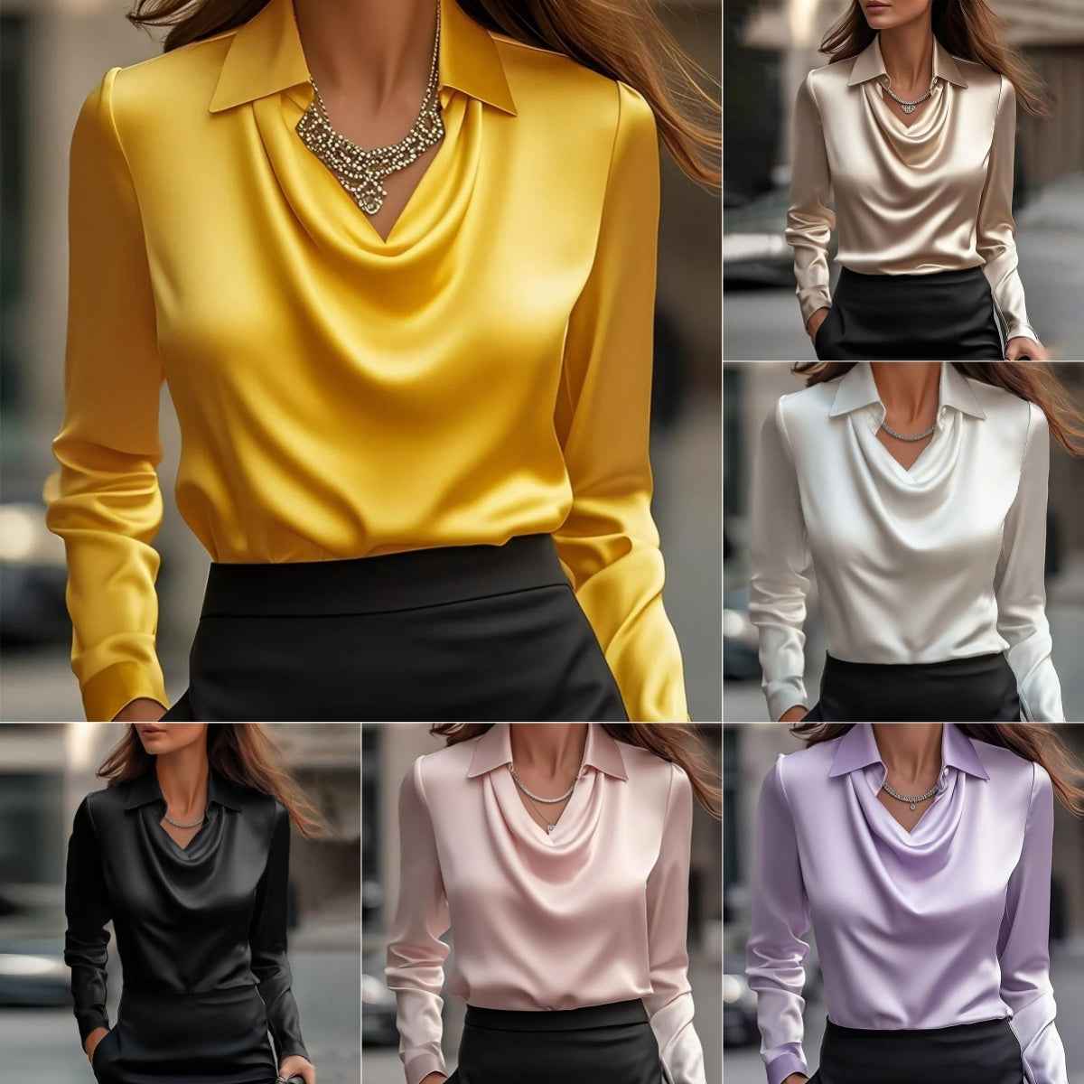 Women's Solid Satin Swing Collar Draped Blouses