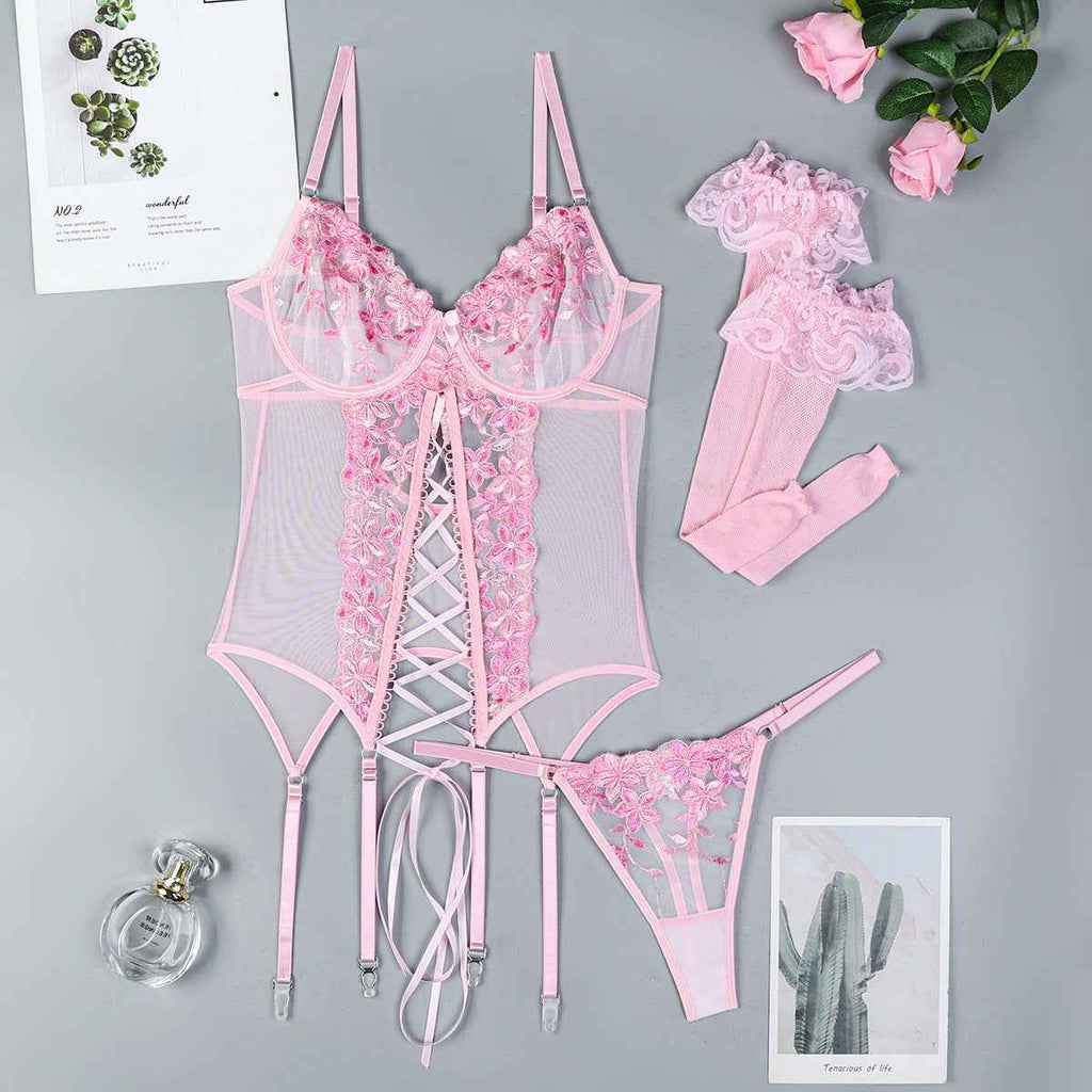 Embroidered Suspenders Lingerie Stockings Three-piece Set