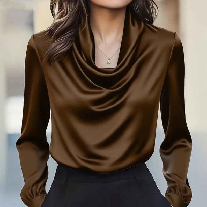 Women's Elegant Draped Neck Blouse, Solid Color Ruffle Detail Long Sleeve Shirt
