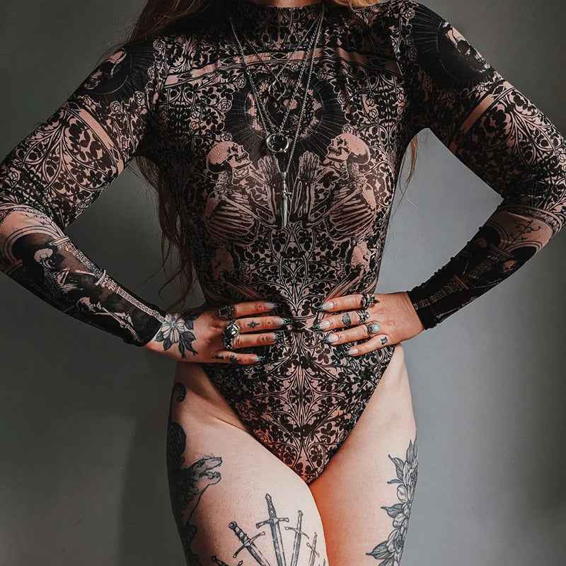 Women's Design Sense Vintage Abstract Print Long-sleeved Bodysuit