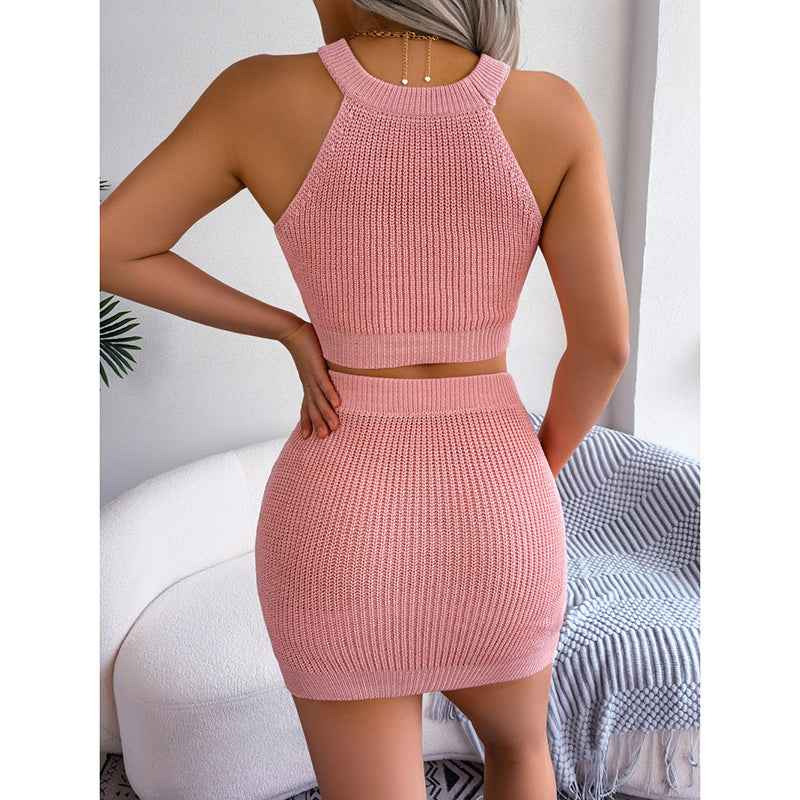 Women's 2 Piece Heart Knit Outfits Backless Halter Crop Tops & Mini Bodycon Skirt