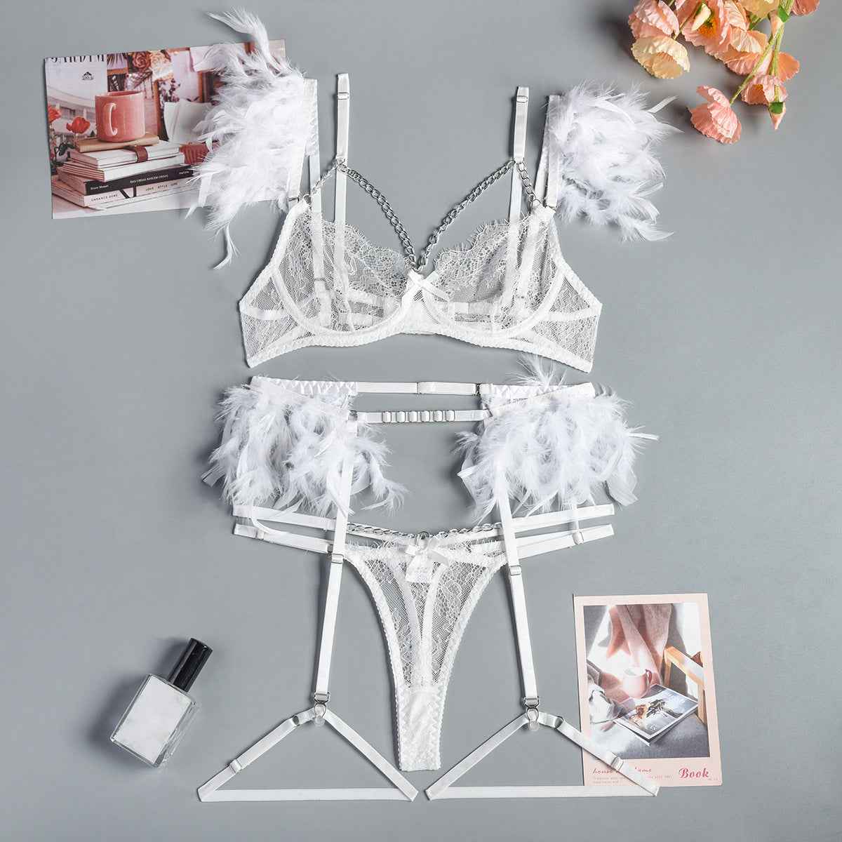 Christma Feather and Chains Lace Sexy Lingerie Set