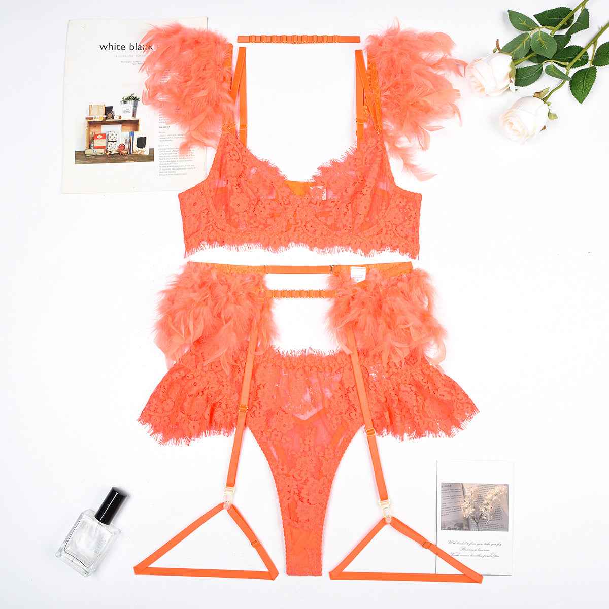 Feather Sexy Lingerie Lace Women Bra Panty Set