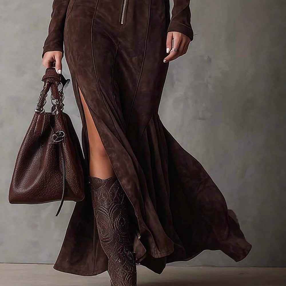 Zipper Split Long-sleeved Dresses Cowboy Retro Women's Clothing
