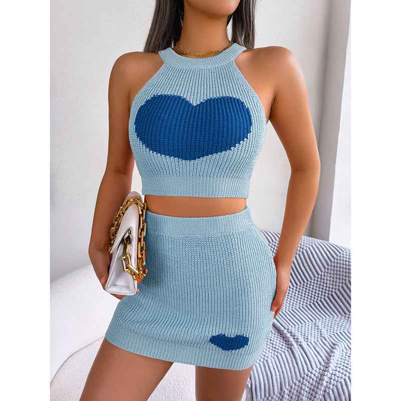 Women's 2 Piece Heart Knit Outfits Backless Halter Crop Tops & Mini Bodycon Skirt