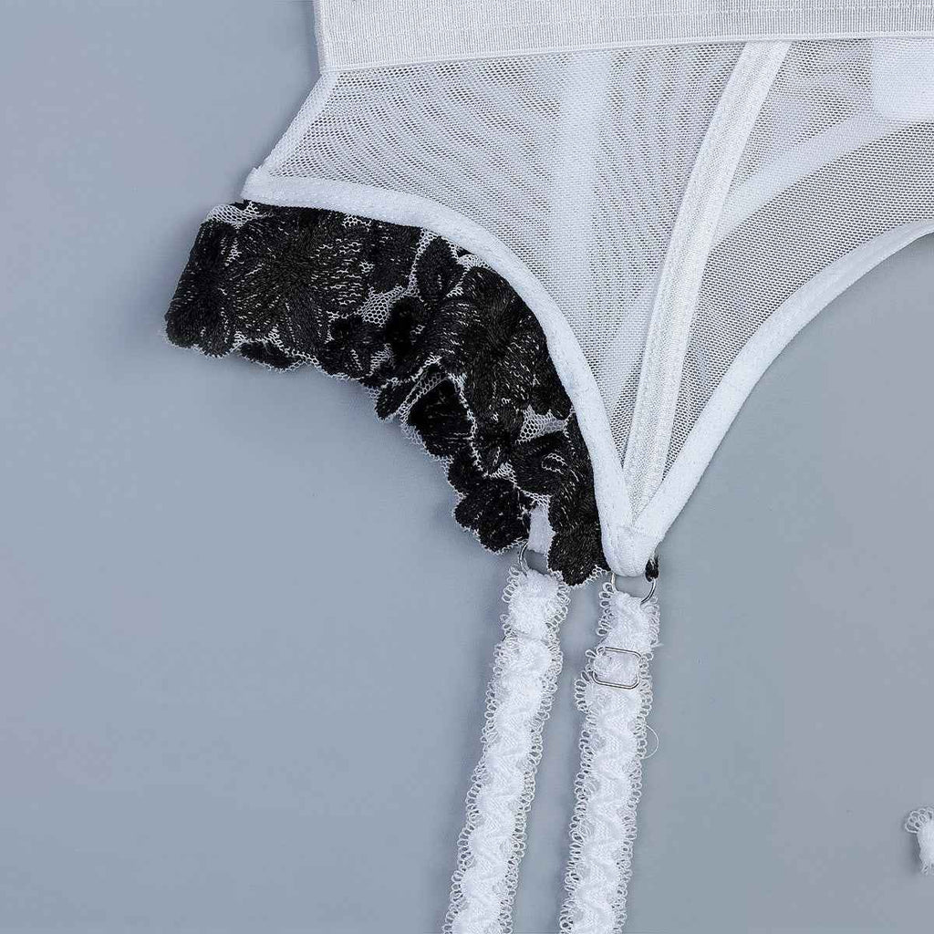 Embroidered Flower Black And White Stitching thigh suspenders Lingerie Set