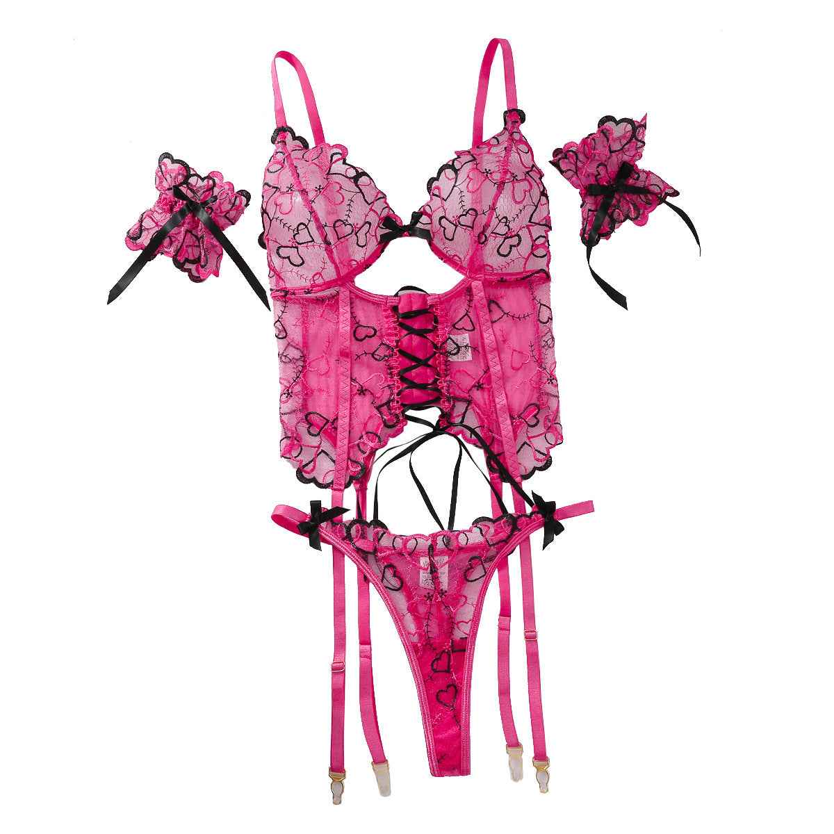 Women's Lace-up Love Embroidered Three-piece lingerie
