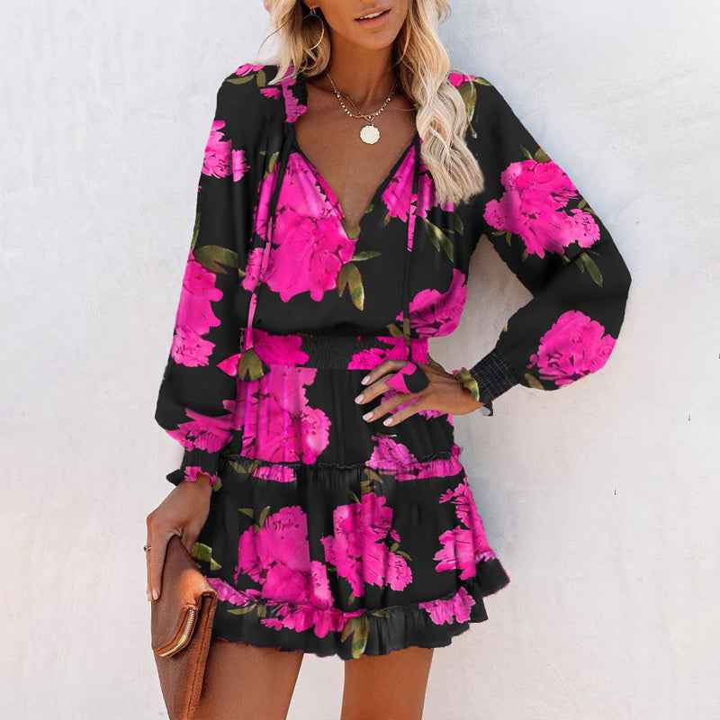Women's Bohemian Print V-Neck Long Sleeve Dress - Flowy Beach Dress