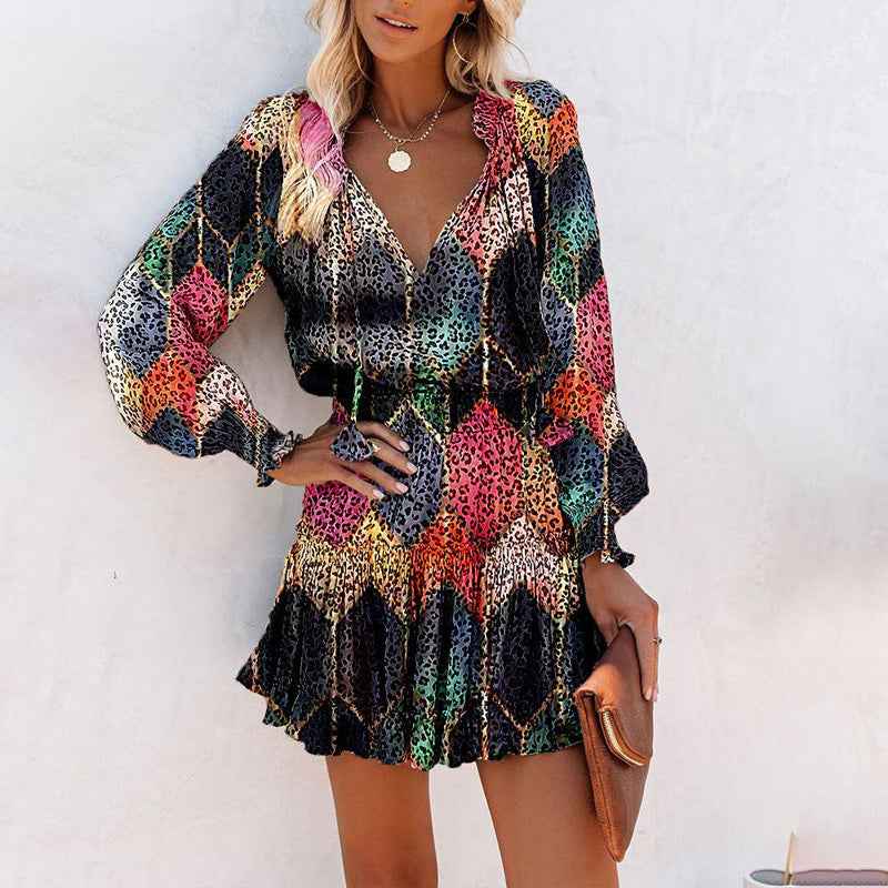 Women's Bohemian Print V-Neck Long Sleeve Dress - Flowy Beach Dress
