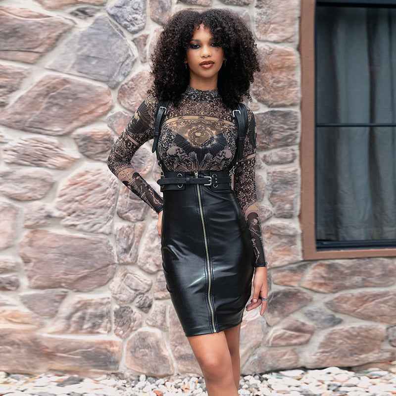 Women's Design Sense Vintage Abstract Print Long-sleeved Bodysuit