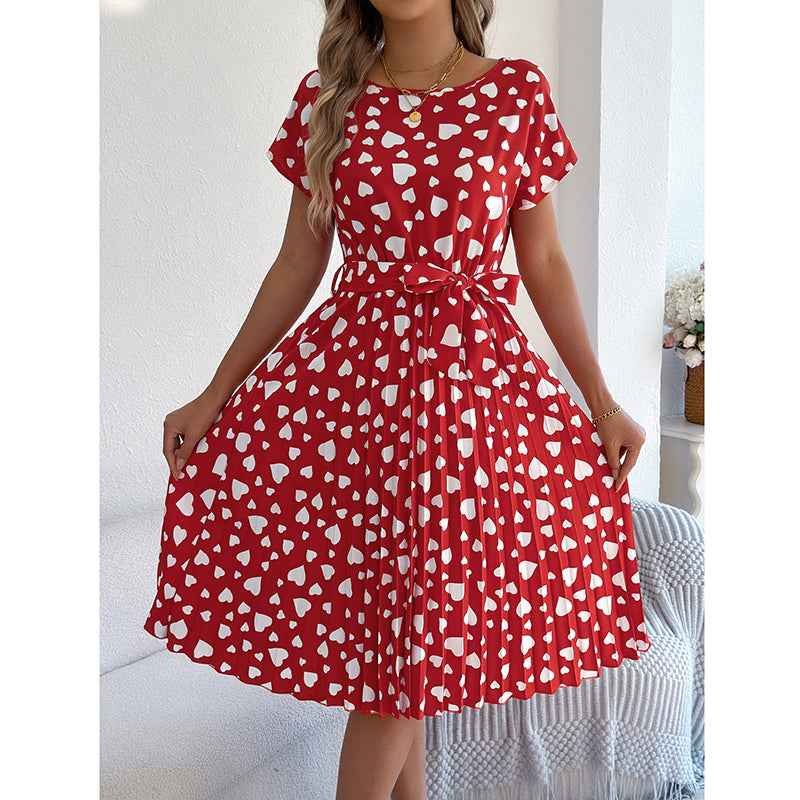 Women's Heart Print Midi Dress - Crew Neck Short Sleeve Belted Pleated Sundress