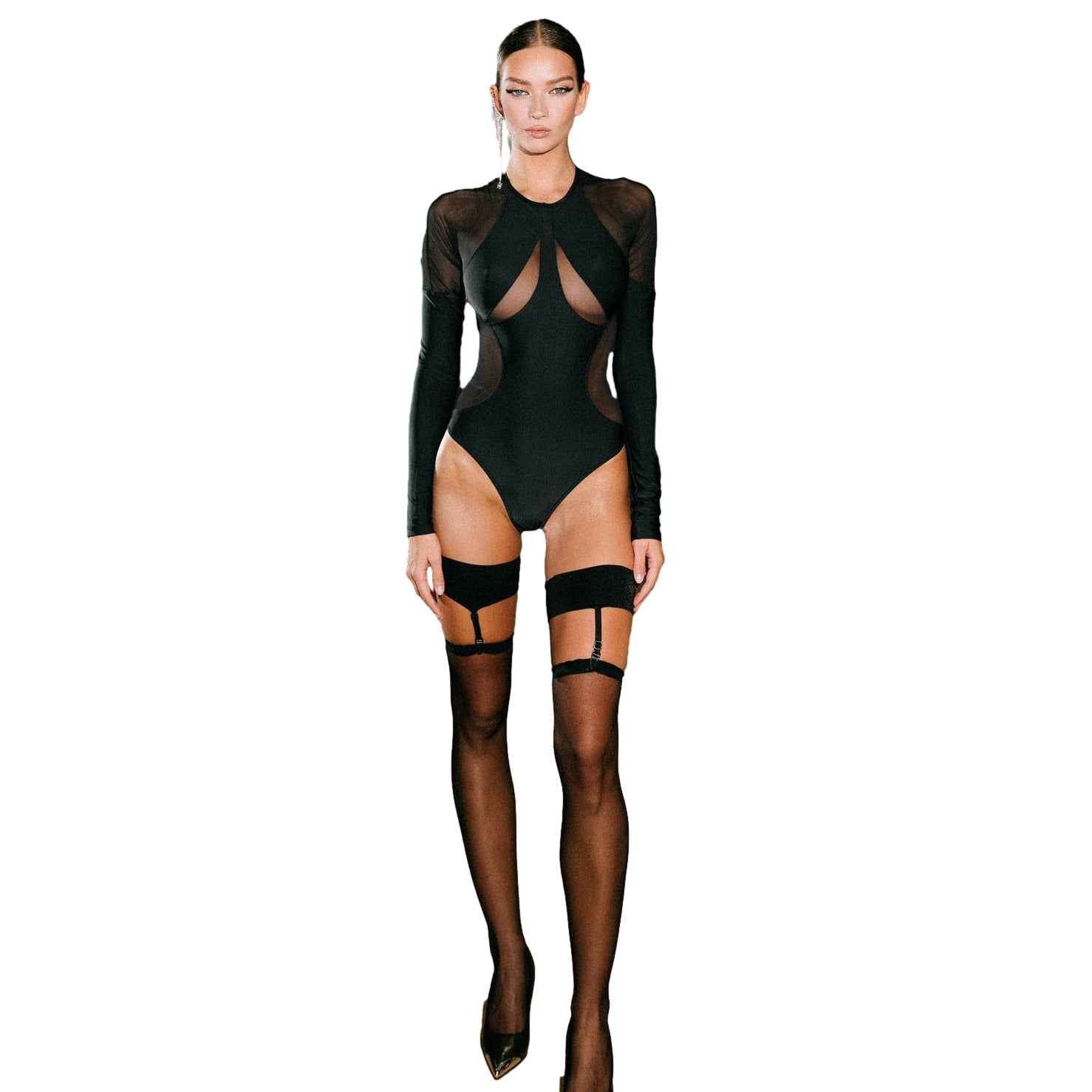 Women's Round Neck Long Sleeve Mesh Bodysuit