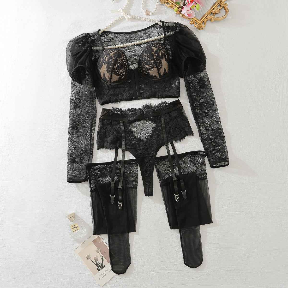 Lace Ribbon Stockings Lingerie Belly Contracting Split Set