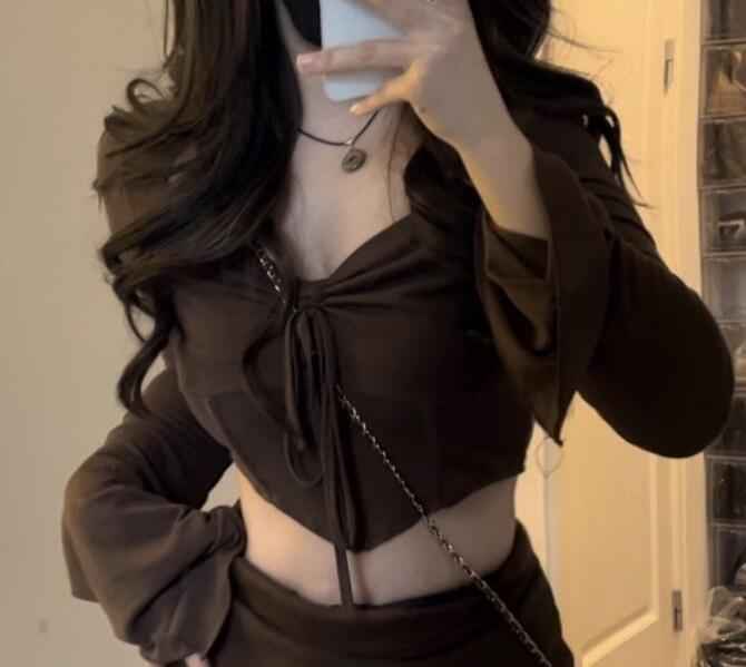 American Hot Girl Hem Irregular Long Sleeve Top And Skirt Set