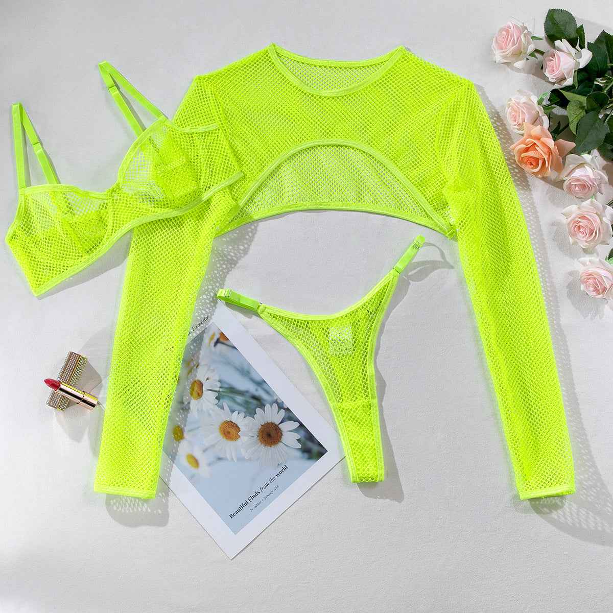 Long Sleeve Mesh Lingerie Three-piece Set