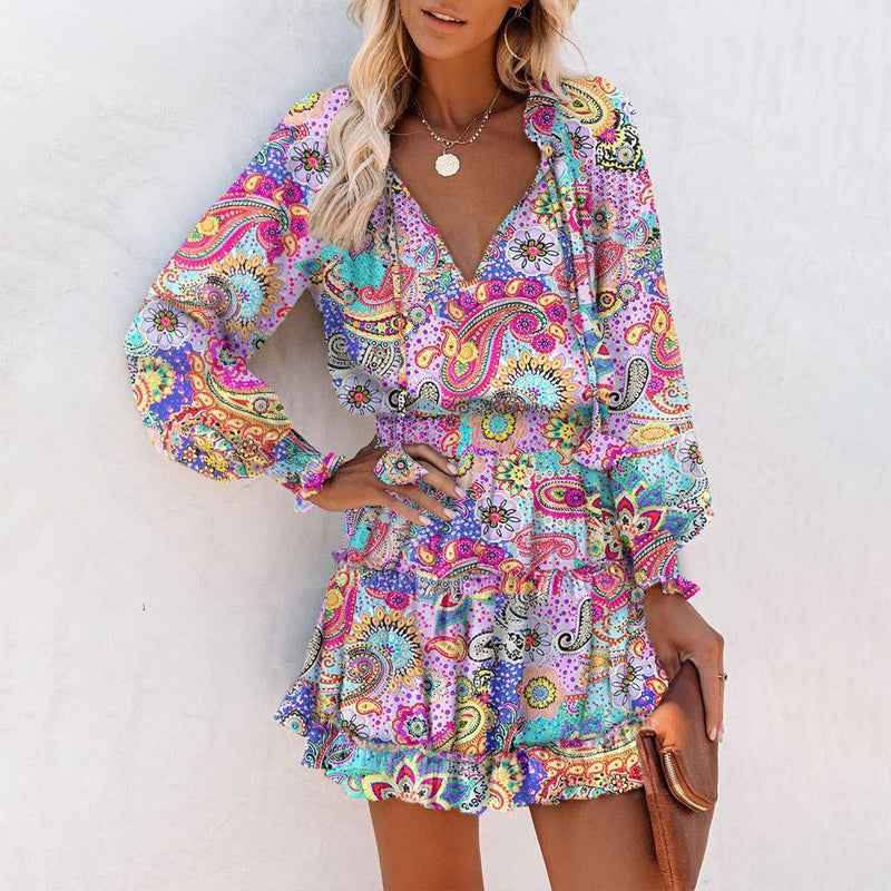 Women's Bohemian Print V-Neck Long Sleeve Dress - Flowy Beach Dress