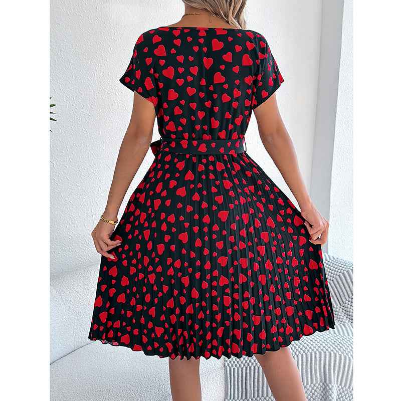 Women's Heart Print Midi Dress - Crew Neck Short Sleeve Belted Pleated Sundress