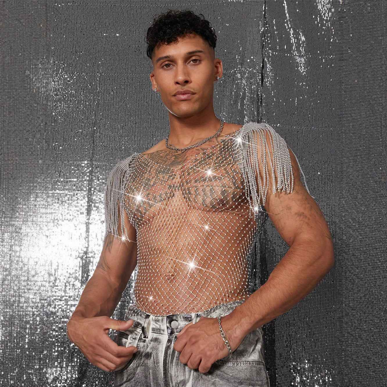 Grid Rhinestone Fishnet T-shirt See-through Nightclub shirt