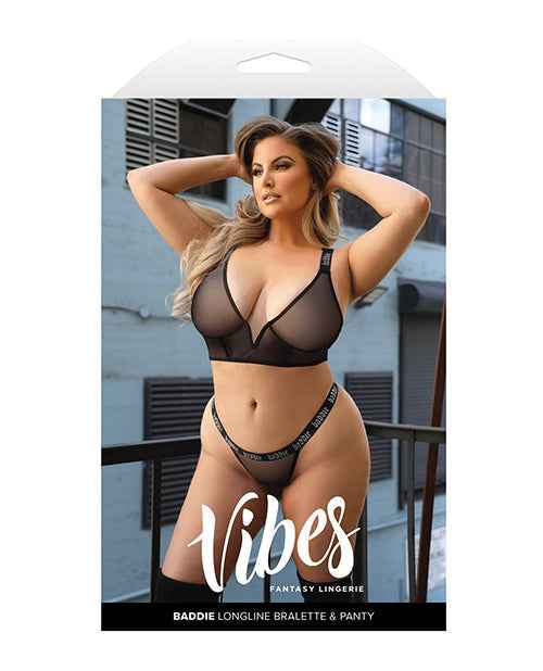Vibes Baddie Glitter Mesh Long Line Bralette & Thong Black QN