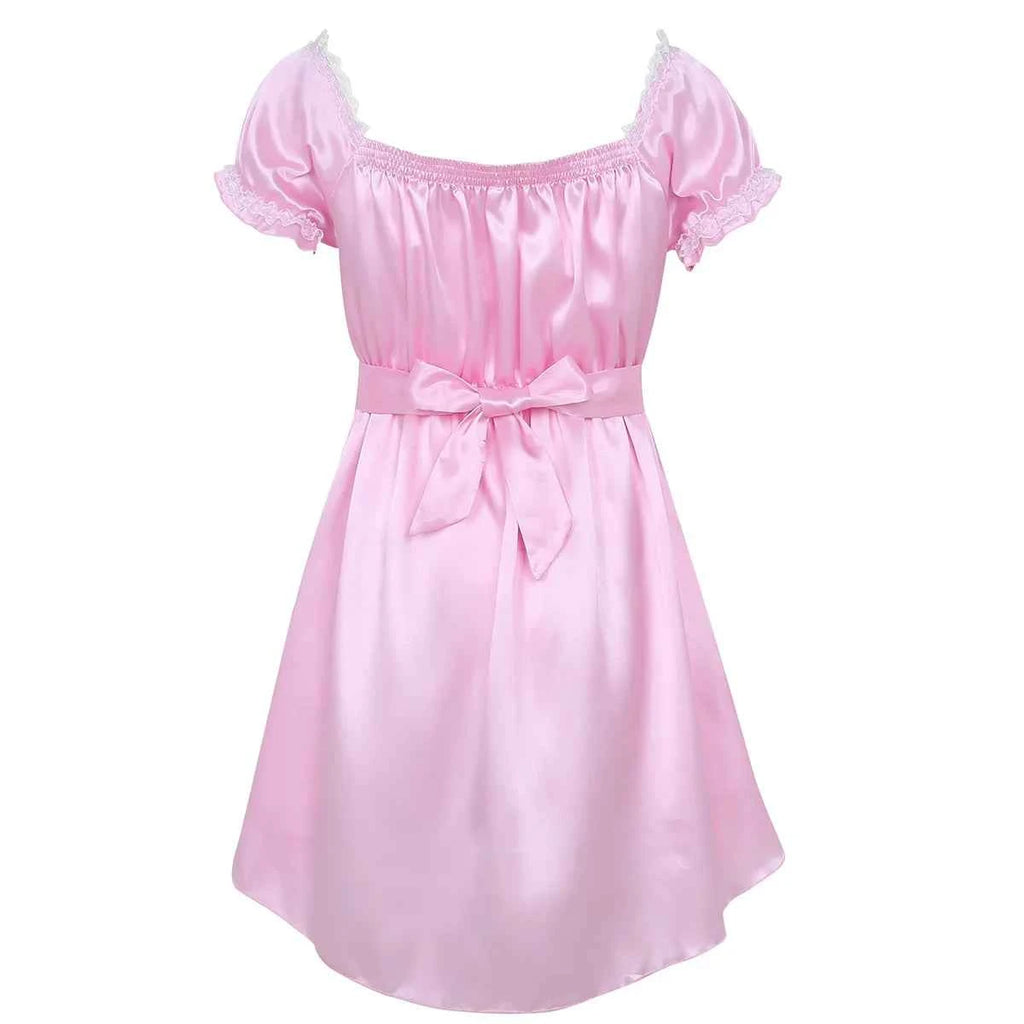 Mens Crossdressing Dress Shiny Square Neck Short Sleeves Sissy Nightdress