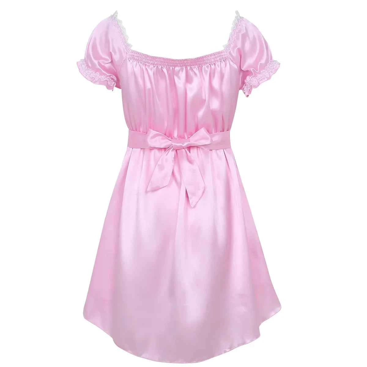 Mens Crossdressing Dress Shiny Square Neck Short Sleeves Sissy Nightdress