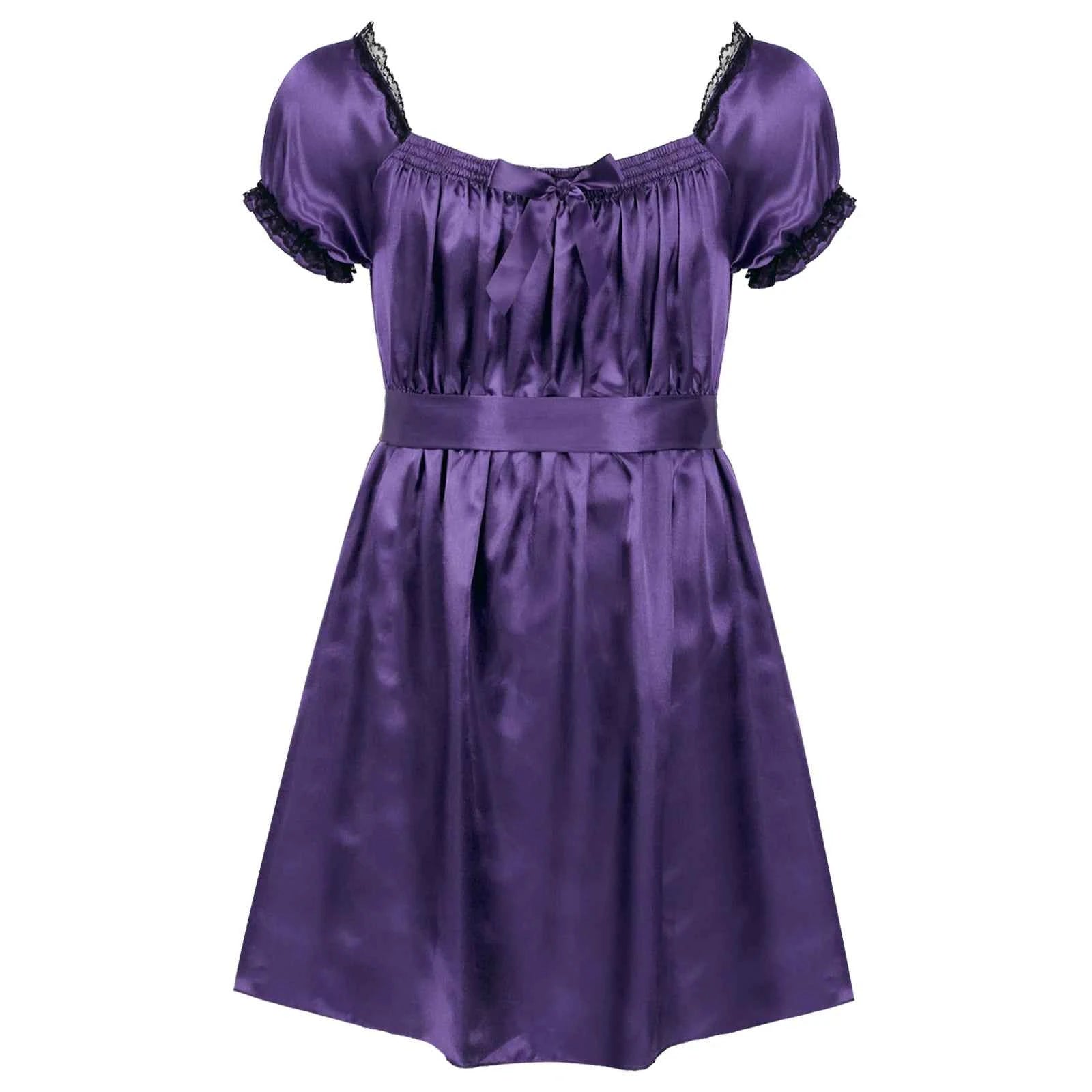 Mens Crossdressing Dress Shiny Square Neck Short Sleeves Sissy Nightdress