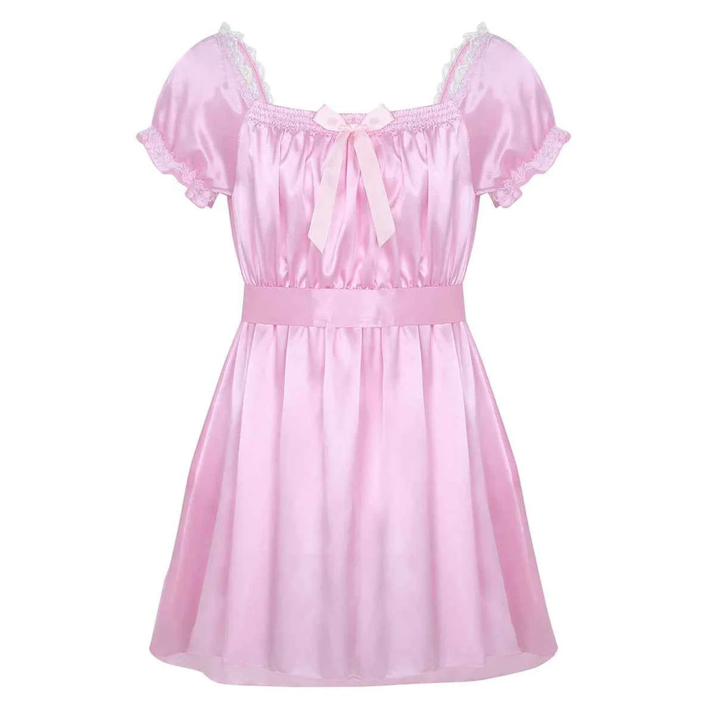 Mens Sissy Crossdress Dress Satin Puff Sleeve Bowknot Ruffle Dress