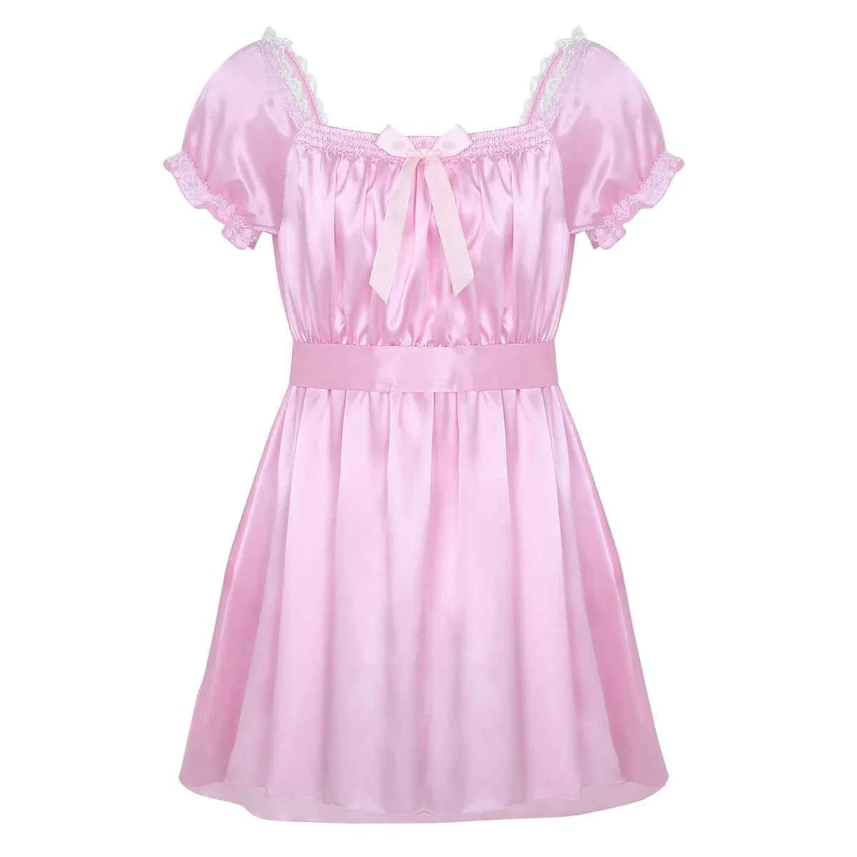 Mens Sissy Crossdress Dress Satin Puff Sleeve Bowknot Ruffle Dress