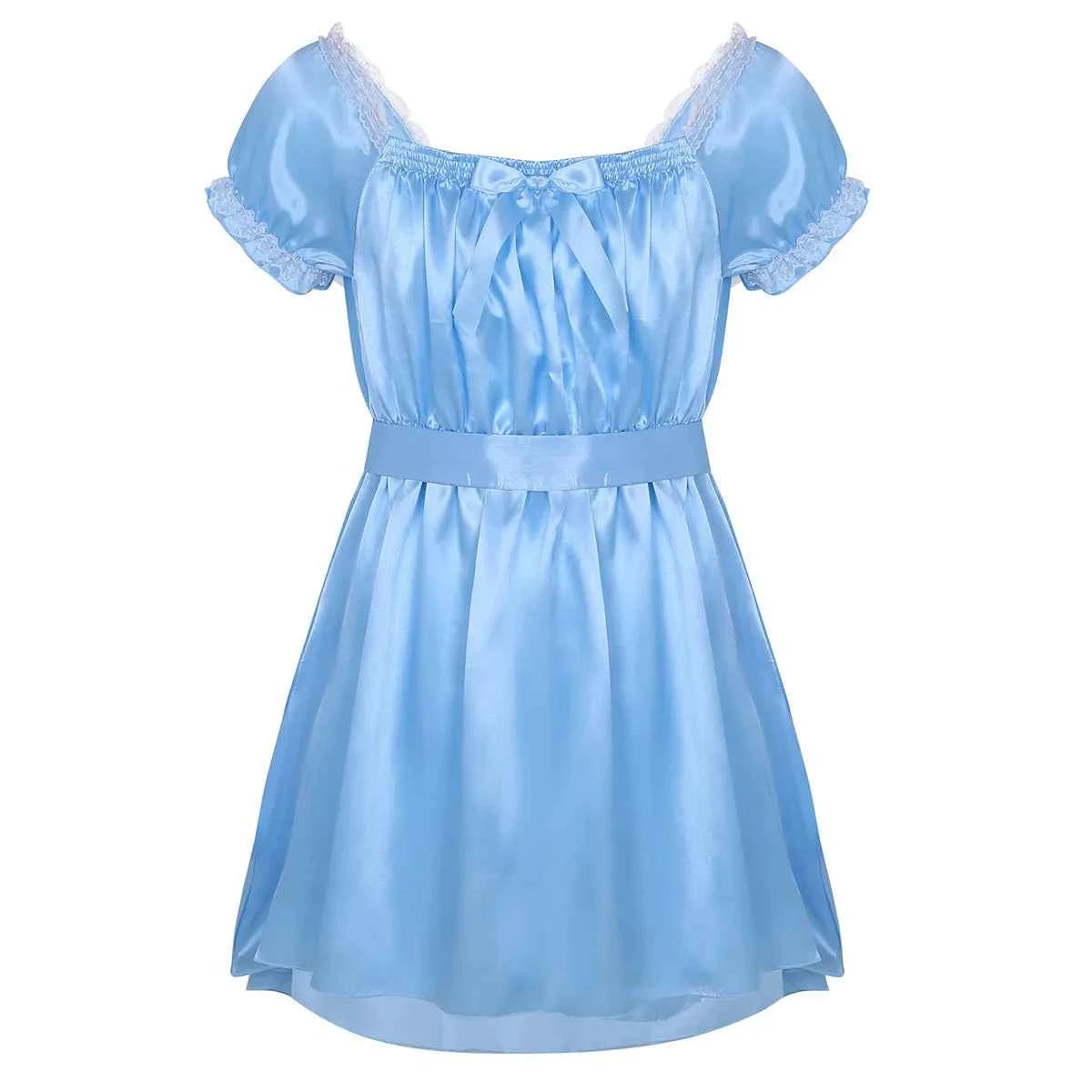 Mens Sissy Crossdress Dress Satin Puff Sleeve Bowknot Ruffle Dress