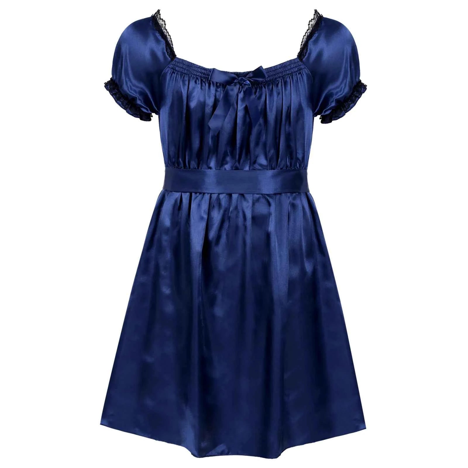 Mens Crossdressing Dress Shiny Square Neck Short Sleeves Sissy Nightdress