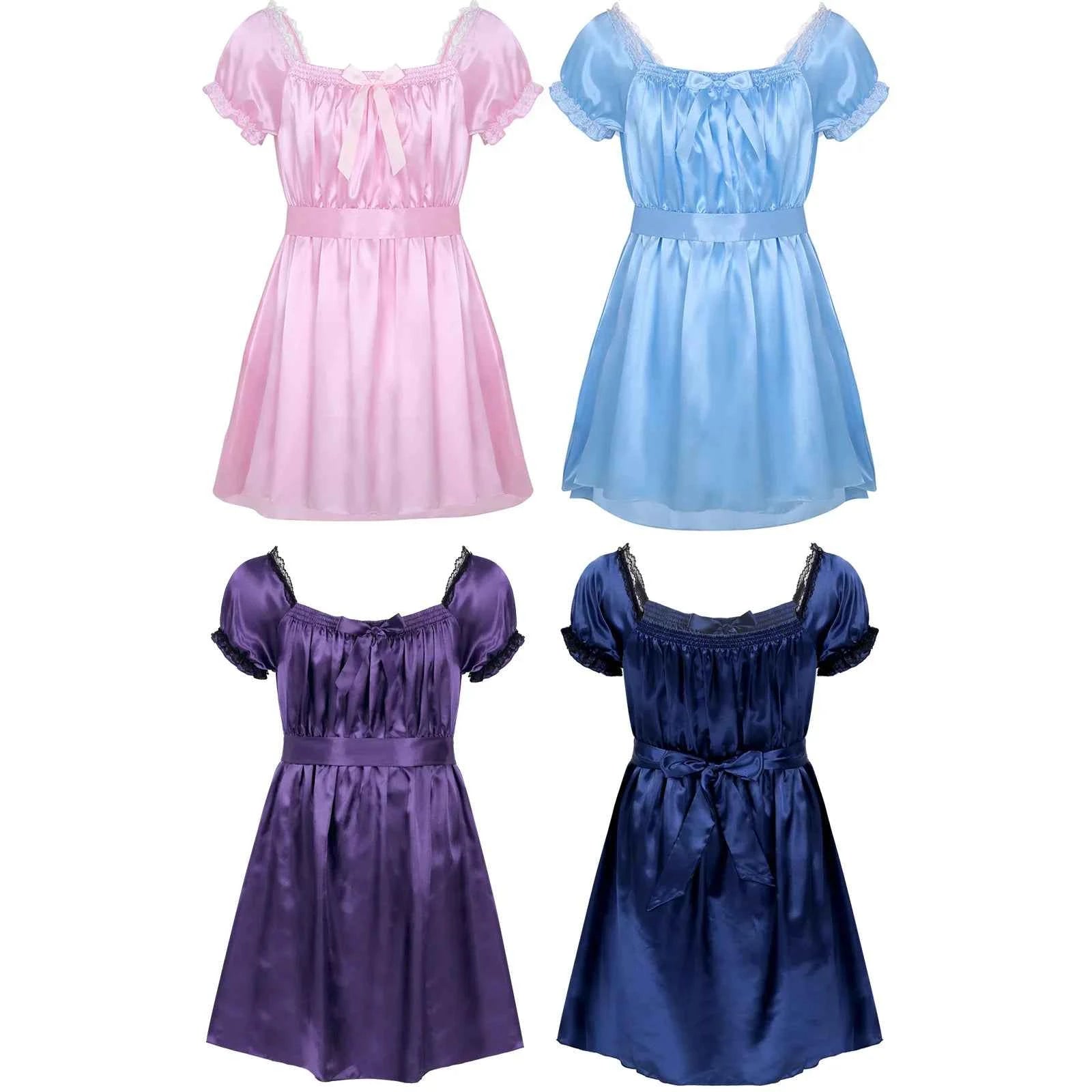 Mens Crossdressing Dress Shiny Square Neck Short Sleeves Sissy Nightdress