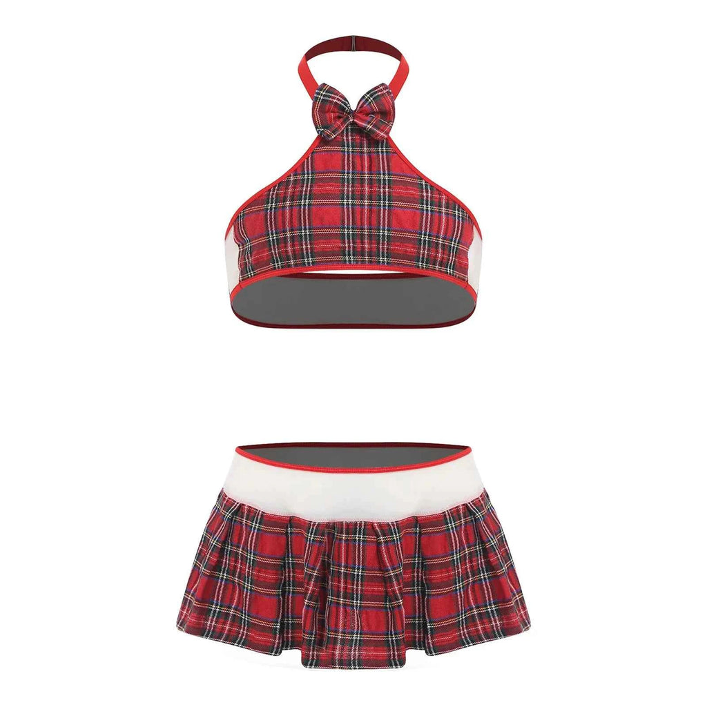 Mens Sissy School girl Set Halter Bow  Crop Top And Pleated Mini Skirt