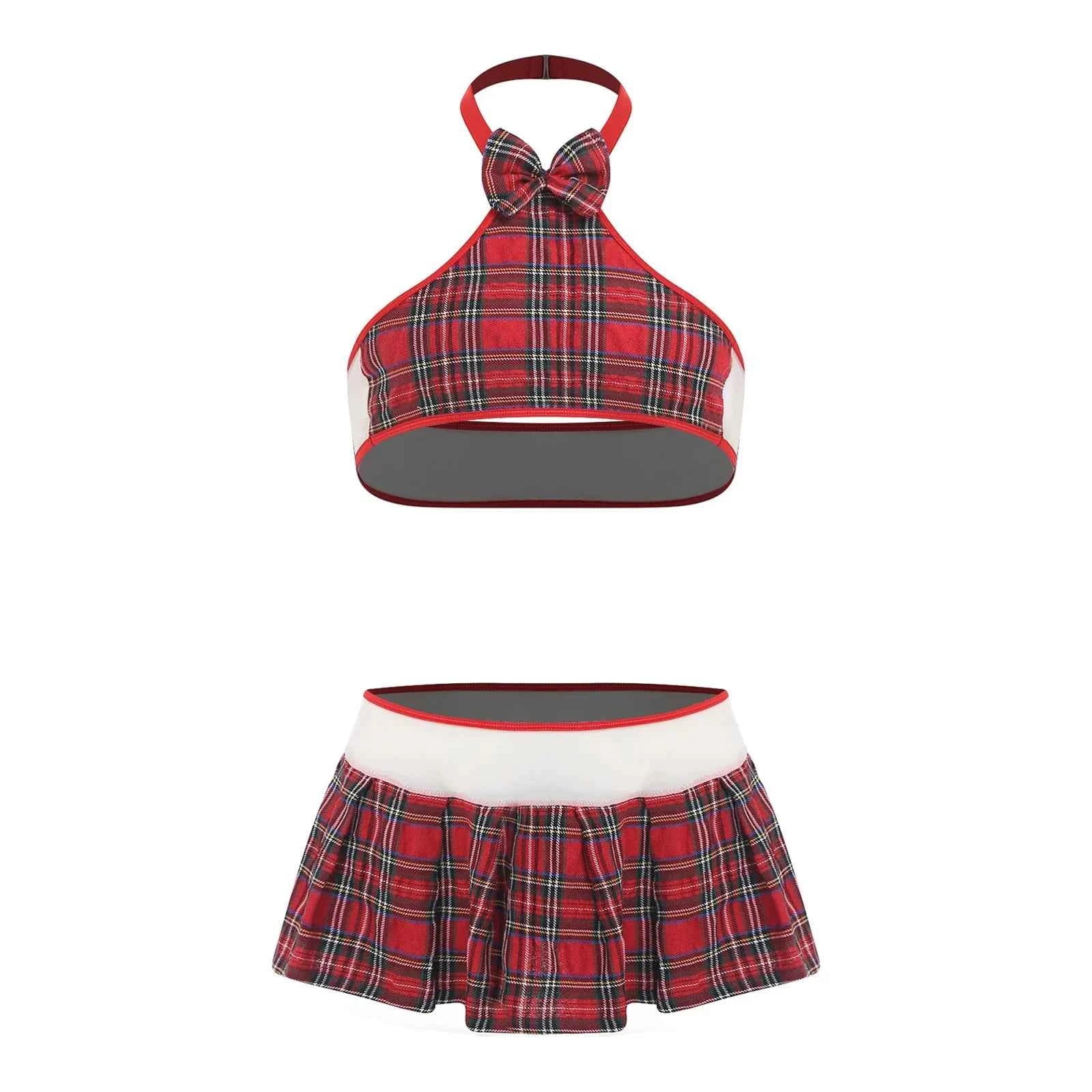 Mens Sissy School girl Set Halter Bow  Crop Top And Pleated Mini Skirt