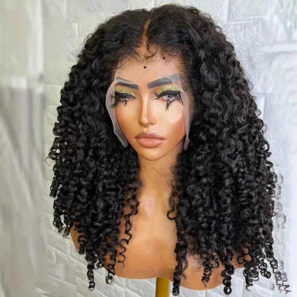 Black Soft Preplucked Soft 26“Long Kinky Curly 180Density Lace Front Wig Synthetic For Women Heat Resistant Glueless